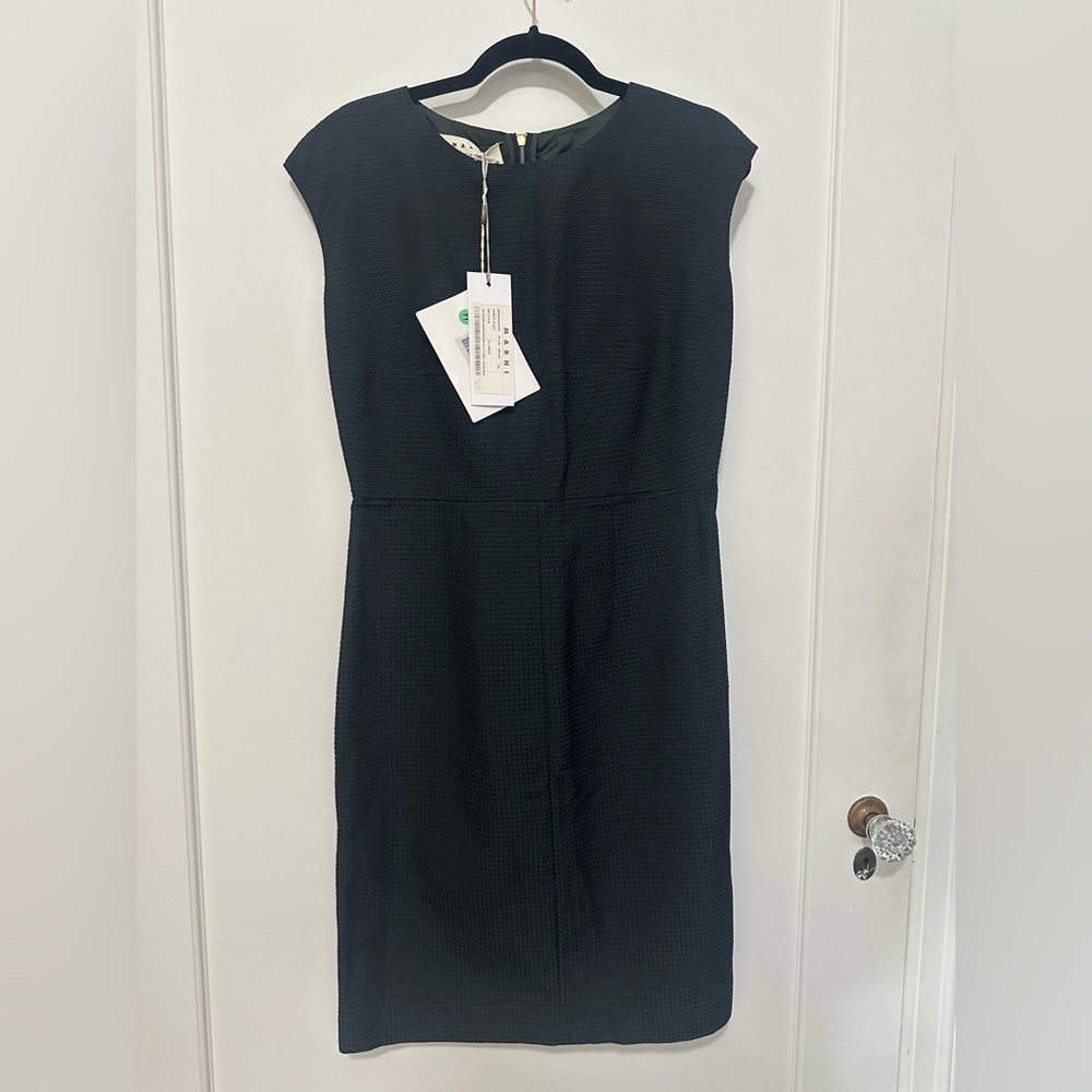 Marni NWT vintage dark navy jacquard sheath cap sleeve midi dress - 42 IT/US 6/8